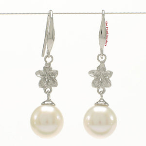 Solid 14k White Gold Hawaiian Plumeria Round White Cultured Pearl Hook Earrings
