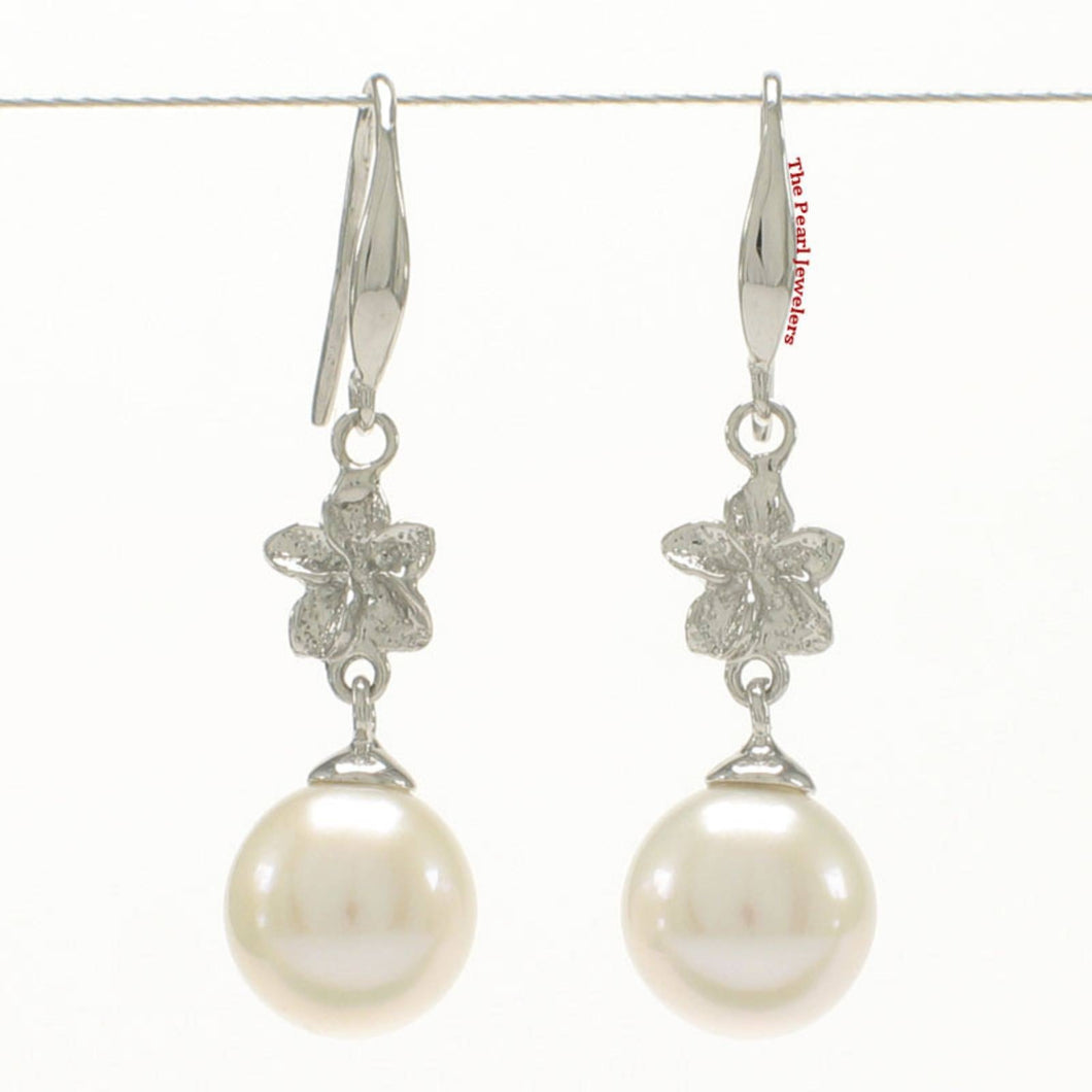 Solid 14k White Gold Hawaiian Plumeria Round White Cultured Pearl Hook Earrings
