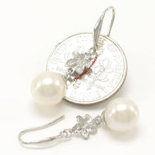Load image into Gallery viewer, Solid 14k White Gold Hawaiian Plumeria Round White Cultured Pearl Hook Earrings