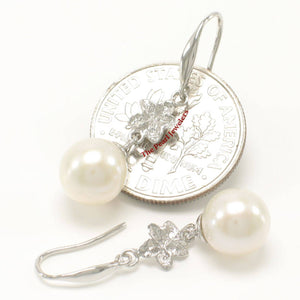 Solid 14k White Gold Hawaiian Plumeria Round White Cultured Pearl Hook Earrings