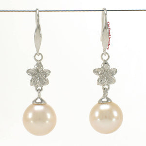 Solid 14k White Gold Hawaiian Plumeria Round White Cultured Pearl Hook Earrings