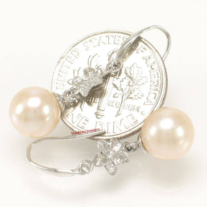 Solid 14k White Gold Hawaiian Plumeria Round White Cultured Pearl Hook Earrings