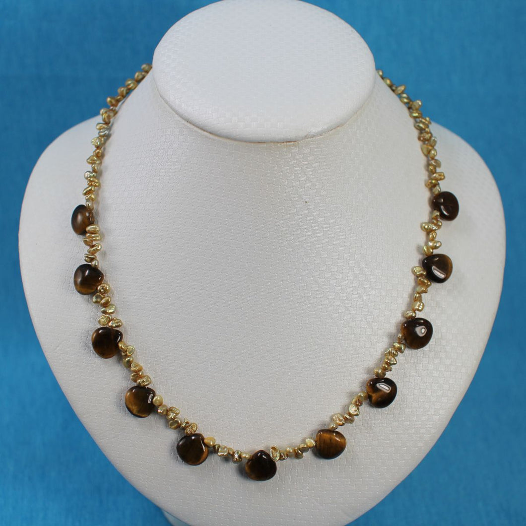 Heart-Shaped Tiger Eye & Keshi Pearl Necklace