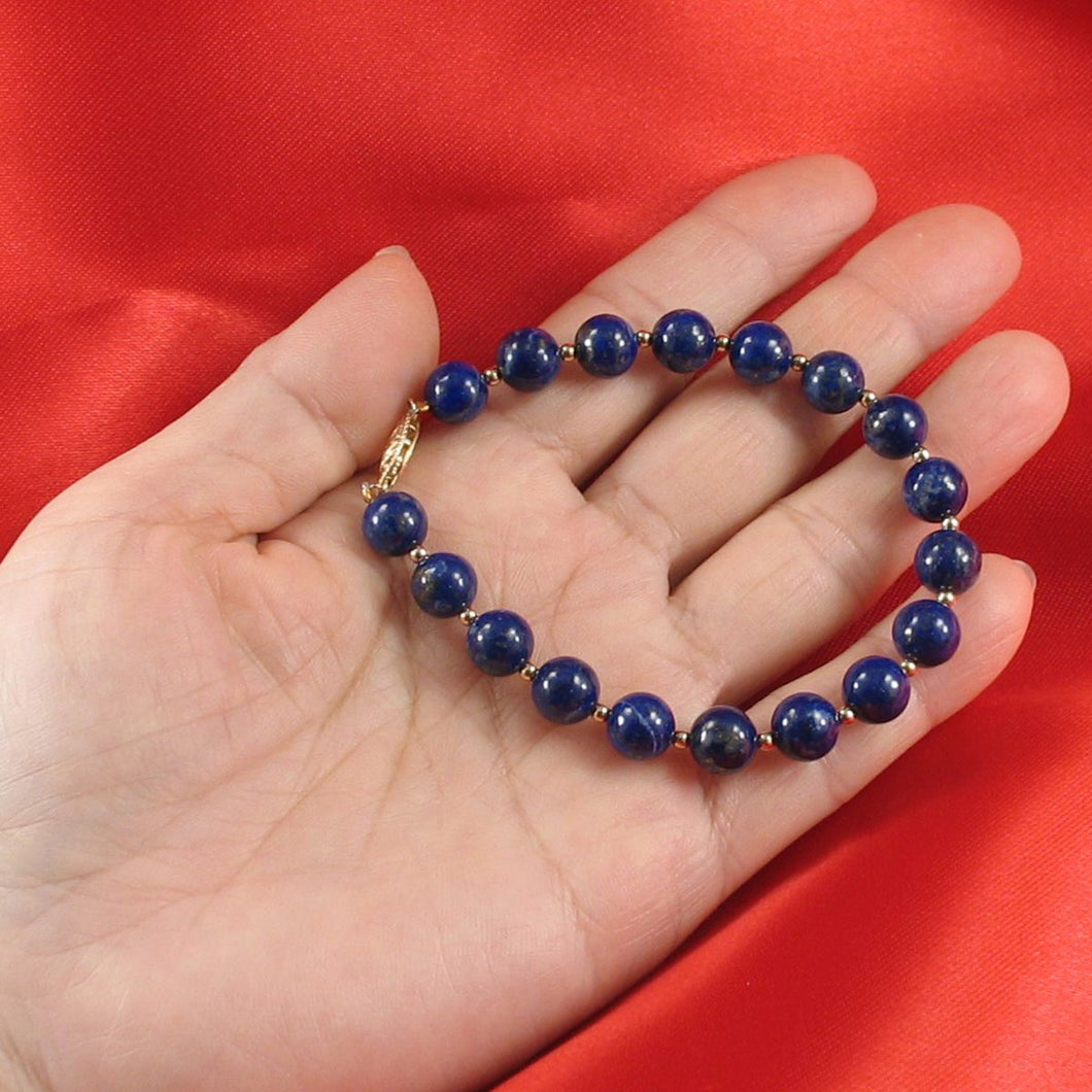 Natural 8mm Lapis Lazuli Beads Bracelet with 14k Yellow Gold Clasp
