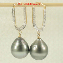 Load image into Gallery viewer, Large Teardrop Tahitian Pearl Dangle Earrings – 14k Yellow Gold &amp; Diamonds