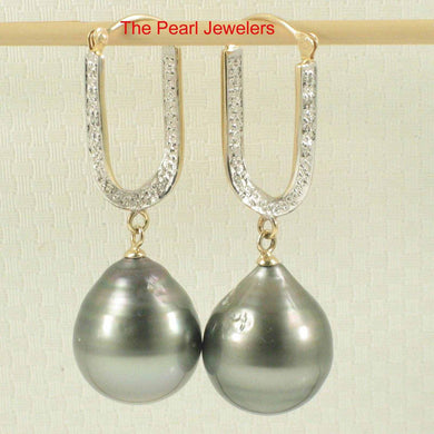 Large Teardrop Tahitian Pearl Dangle Earrings – 14k Yellow Gold & Diamonds