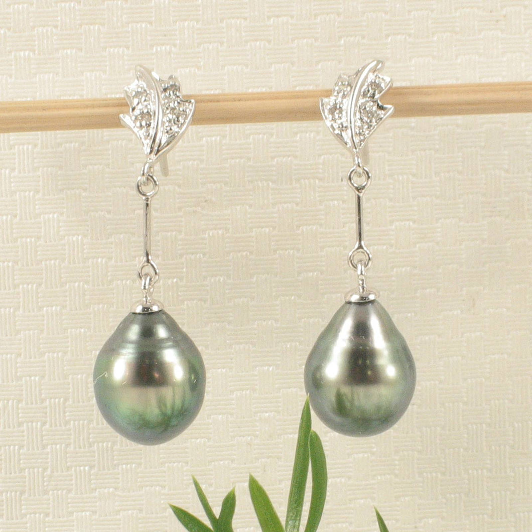 Genuine Diamonds & Black Green Tahitian Pearl Leaf Drop Earrings – 14k White Gold