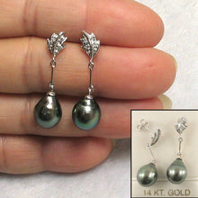Load image into Gallery viewer, Genuine Diamonds &amp; Black Green Tahitian Pearl Leaf Drop Earrings – 14k White Gold