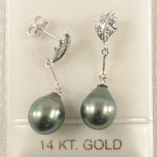 Load image into Gallery viewer, Genuine Diamonds &amp; Black Green Tahitian Pearl Leaf Drop Earrings – 14k White Gold