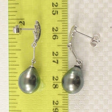 Load image into Gallery viewer, Genuine Diamonds &amp; Black Green Tahitian Pearl Leaf Drop Earrings – 14k White Gold