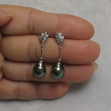 Load image into Gallery viewer, Genuine Diamonds &amp; Black Green Tahitian Pearl Leaf Drop Earrings – 14k White Gold