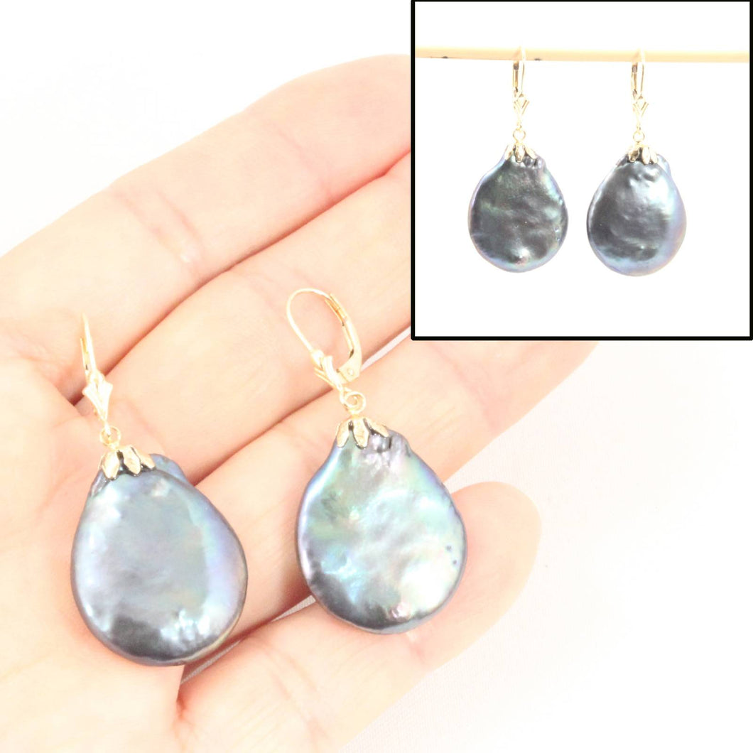 14 k Yellow Gold Leverback Cup Black Coin Pearl Dangle Earrings