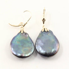 Load image into Gallery viewer, 14 k Yellow Gold Leverback Cup Black Coin Pearl Dangle Earrings