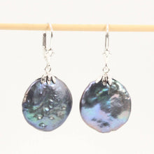 Load image into Gallery viewer, 14 k White Gold Leverback Cup Black Coin Pearl Dangle Earrings