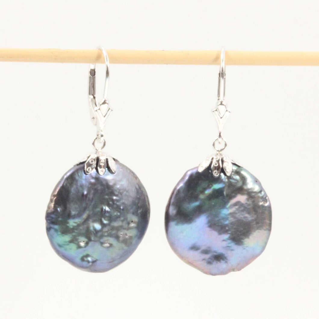 14 k White Gold Leverback Cup Black Coin Pearl Dangle Earrings