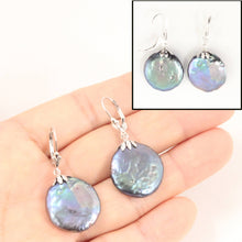 Load image into Gallery viewer, 14 k White Gold Leverback Cup Black Coin Pearl Dangle Earrings