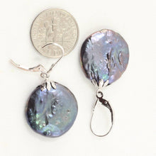 Load image into Gallery viewer, 14 k White Gold Leverback Cup Black Coin Pearl Dangle Earrings