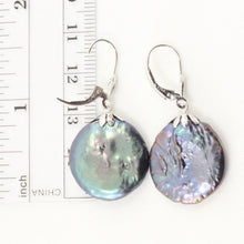 Load image into Gallery viewer, 14 k White Gold Leverback Cup Black Coin Pearl Dangle Earrings