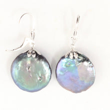 Load image into Gallery viewer, 14 k White Gold Leverback Cup Black Coin Pearl Dangle Earrings