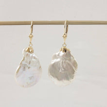 Load image into Gallery viewer, 14 k Yellow Gold Leverback Cup Baroque Coin Pearl Dangle Earrings