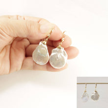 Load image into Gallery viewer, 14 k Yellow Gold Leverback Cup Baroque Coin Pearl Dangle Earrings