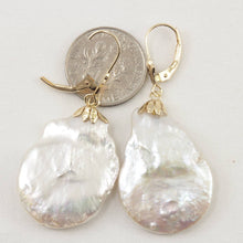 Load image into Gallery viewer, 14 k Yellow Gold Leverback Cup Baroque Coin Pearl Dangle Earrings
