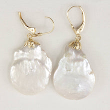 Load image into Gallery viewer, 14 k Yellow Gold Leverback Cup Baroque Coin Pearl Dangle Earrings
