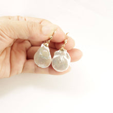 Load image into Gallery viewer, 14 k Yellow Gold Leverback Cup Baroque Coin Pearl Dangle Earrings