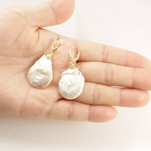 Load image into Gallery viewer, 14 k Yellow Gold Leverback Cup Baroque Coin Pearl Dangle Earrings