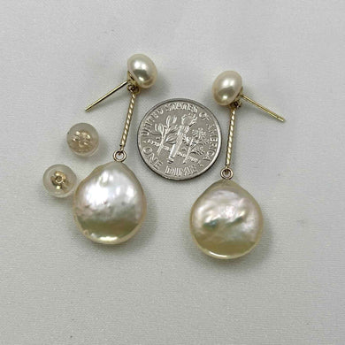 Real Light Pink Coin Pearl Drop Earrings – 14 k Yellow Gold
