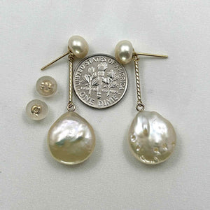 Real Light Pink Coin Pearl Drop Earrings – 14 k Yellow Gold