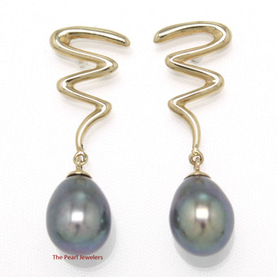14 k Solid Gold Lightning Design Black Cultured Pearl Dangle Earrings