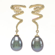 Load image into Gallery viewer, 14 k Solid Gold Lightning Design Black Cultured Pearl Dangle Earrings