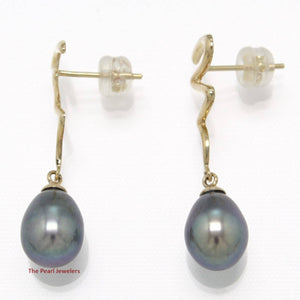 14 k Solid Gold Lightning Design Black Cultured Pearl Dangle Earrings