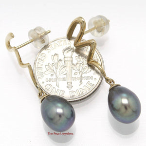 14 k Solid Gold Lightning Design Black Cultured Pearl Dangle Earrings