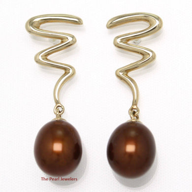 14 k Solid Gold Lightning Design Chocolate Cultured Pearl Dangle Earrings