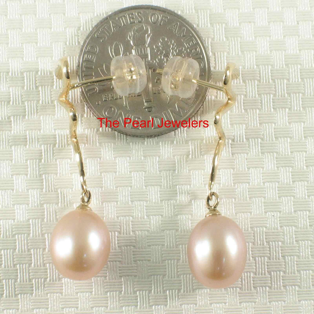 14 k Solid Gold Lightning Design Teardrop Pink Pearl Dangle Earrings