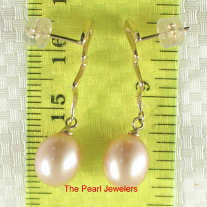 14 k Solid Gold Lightning Design Teardrop Pink Pearl Dangle Earrings