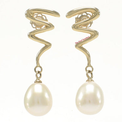 14 k Solid Gold Lightning Design White Cultured Pearl Dangle Earrings