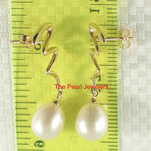 Load image into Gallery viewer, 14 k Solid Gold Lightning Design White Cultured Pearl Dangle Earrings
