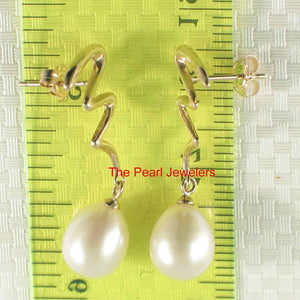 14 k Solid Gold Lightning Design White Cultured Pearl Dangle Earrings