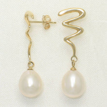 Load image into Gallery viewer, 14 k Solid Gold Lightning Design White Cultured Pearl Dangle Earrings