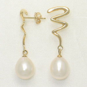 14 k Solid Gold Lightning Design White Cultured Pearl Dangle Earrings