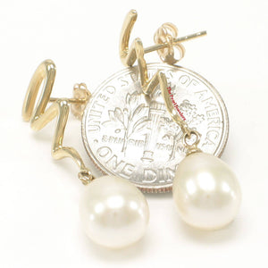 14 k Solid Gold Lightning Design White Cultured Pearl Dangle Earrings