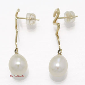 14 k Solid Gold Lightning Design White Cultured Pearl Dangle Earrings