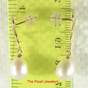 14 k Solid Gold Lightning Design White Cultured Pearl Dangle Earrings