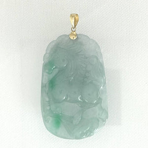 Lovely Hand Carved Horse Green Jade Pendant 14k Yellow Gold Bale