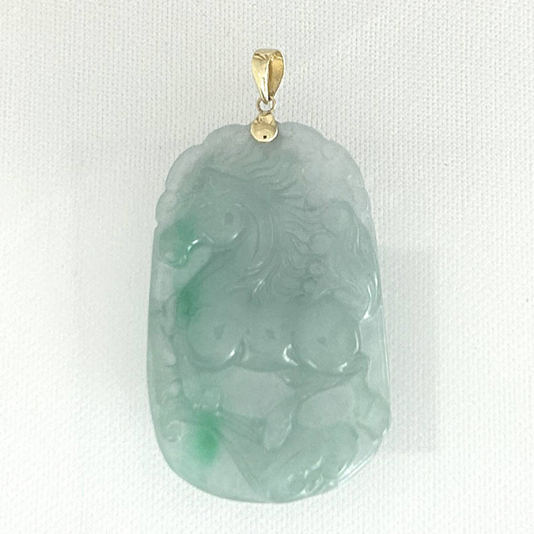 Lovely Hand Carved Horse Green Jade Pendant 14k Yellow Gold Bale