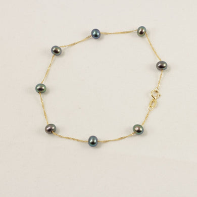 14k Yellow Gold Mini Peacock Cultured Pearl Handcrafted Tin-Cup Bracelet