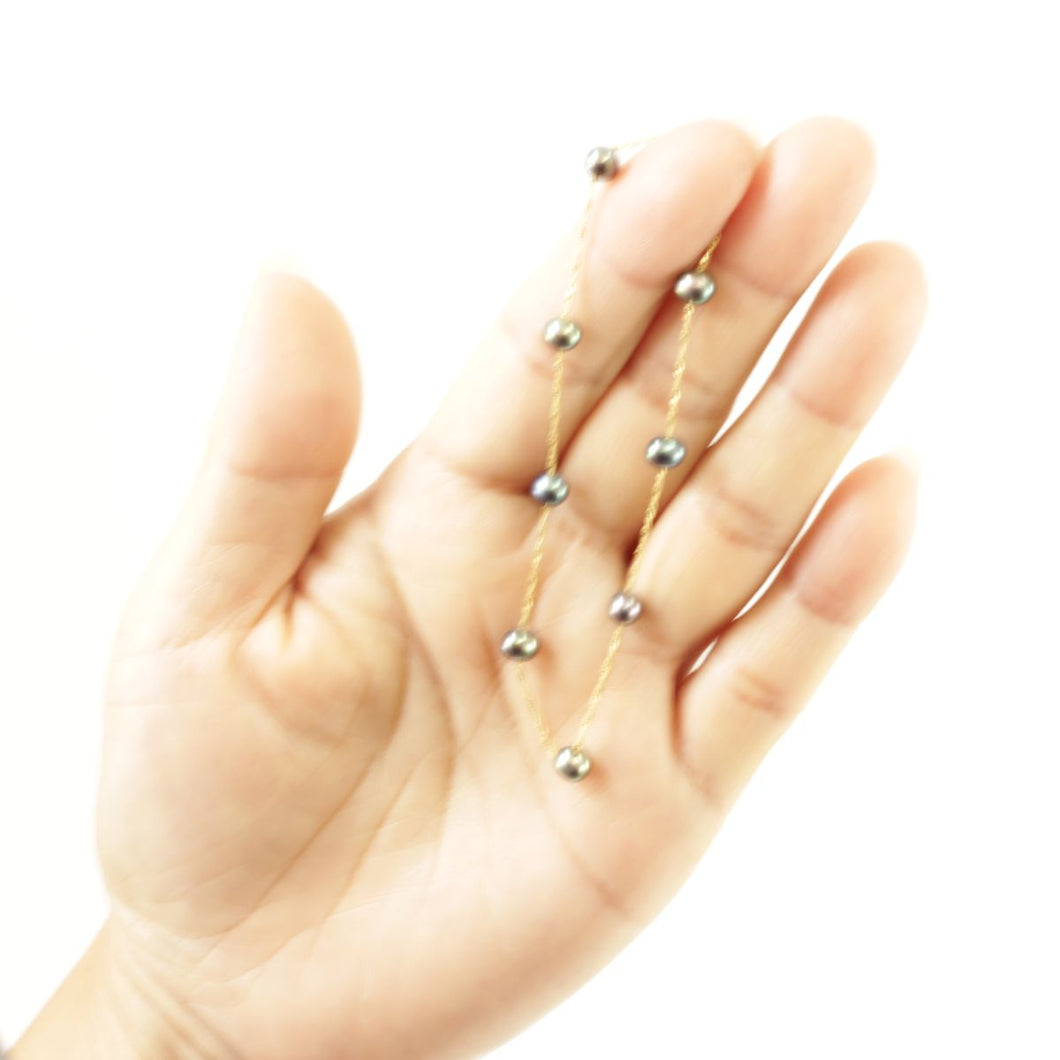 14k Yellow Gold Mini Black Cultured Pearl Handcrafted Tin-Cup Bracelet